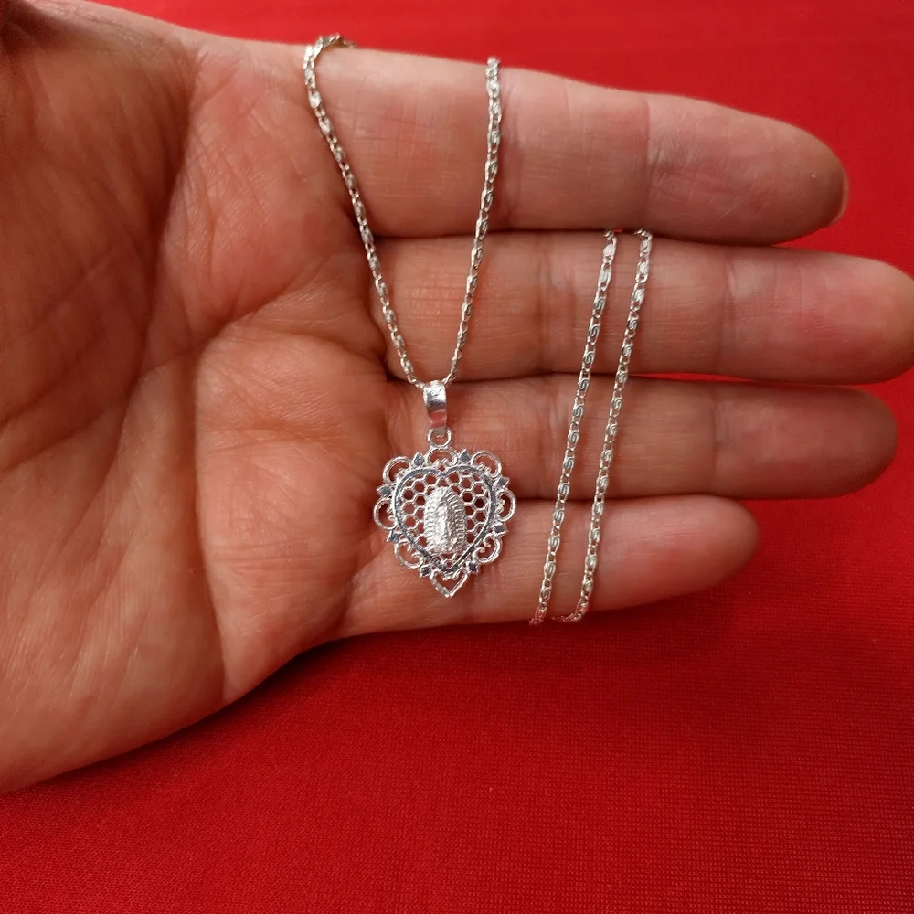 Elegant Heart‎ Pendant Necklace 925 Sterling Silver virgin mary Catholic Medal